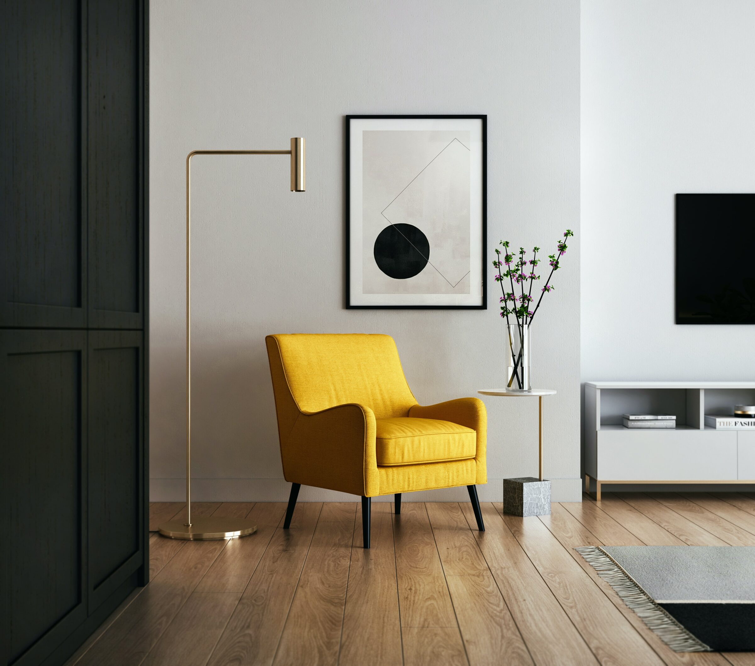 Yellow chair inside sleek apartment