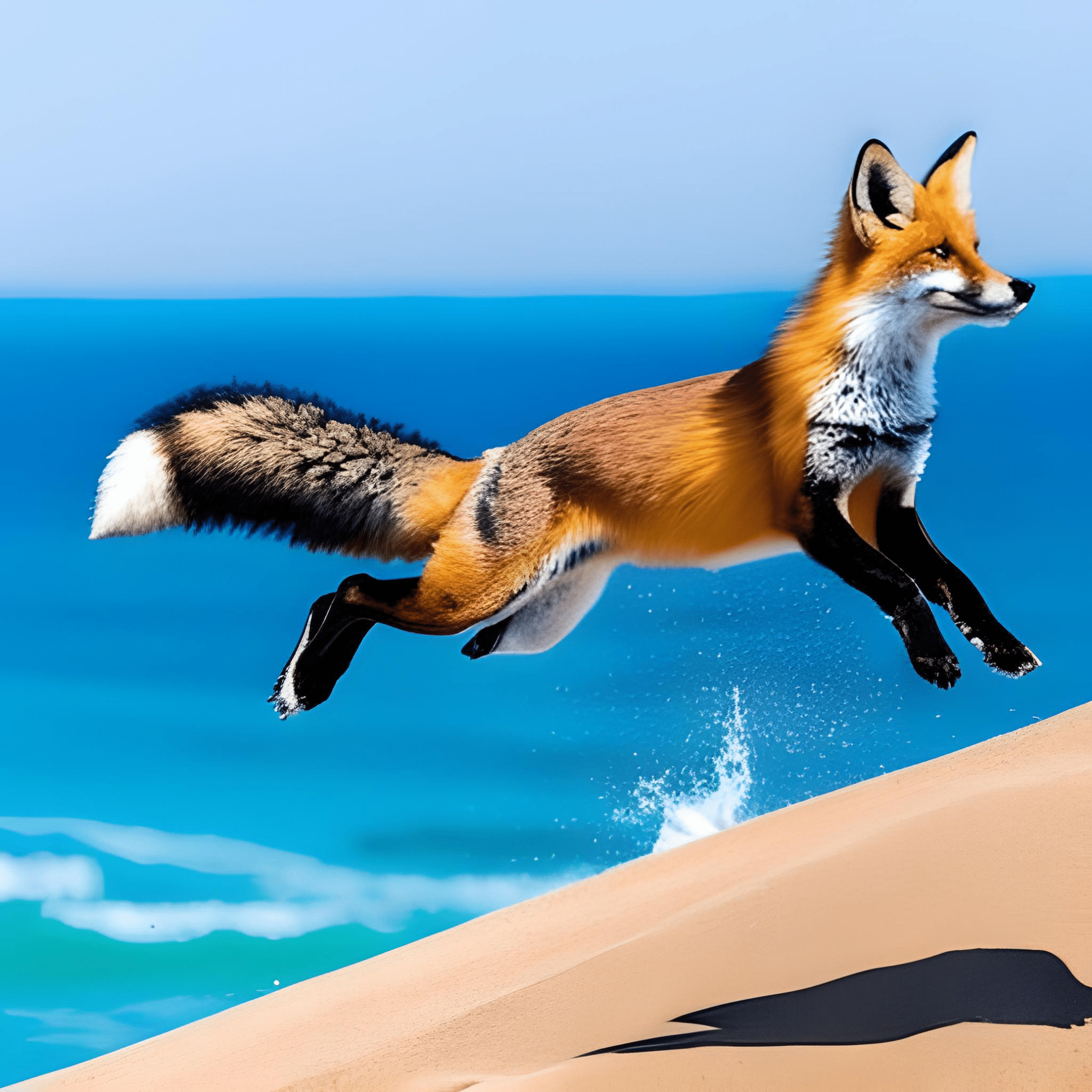 A fox on summer vacation jumps into a flying laptop and the ocean is far away. 