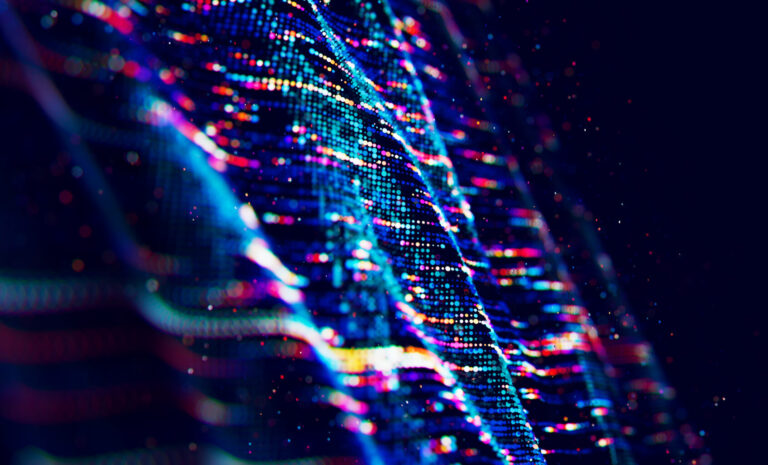 Abstract Big data digital stream waves. Information flow concept. LLM learning process, AI technology. Quantum computing. 3d render illustration